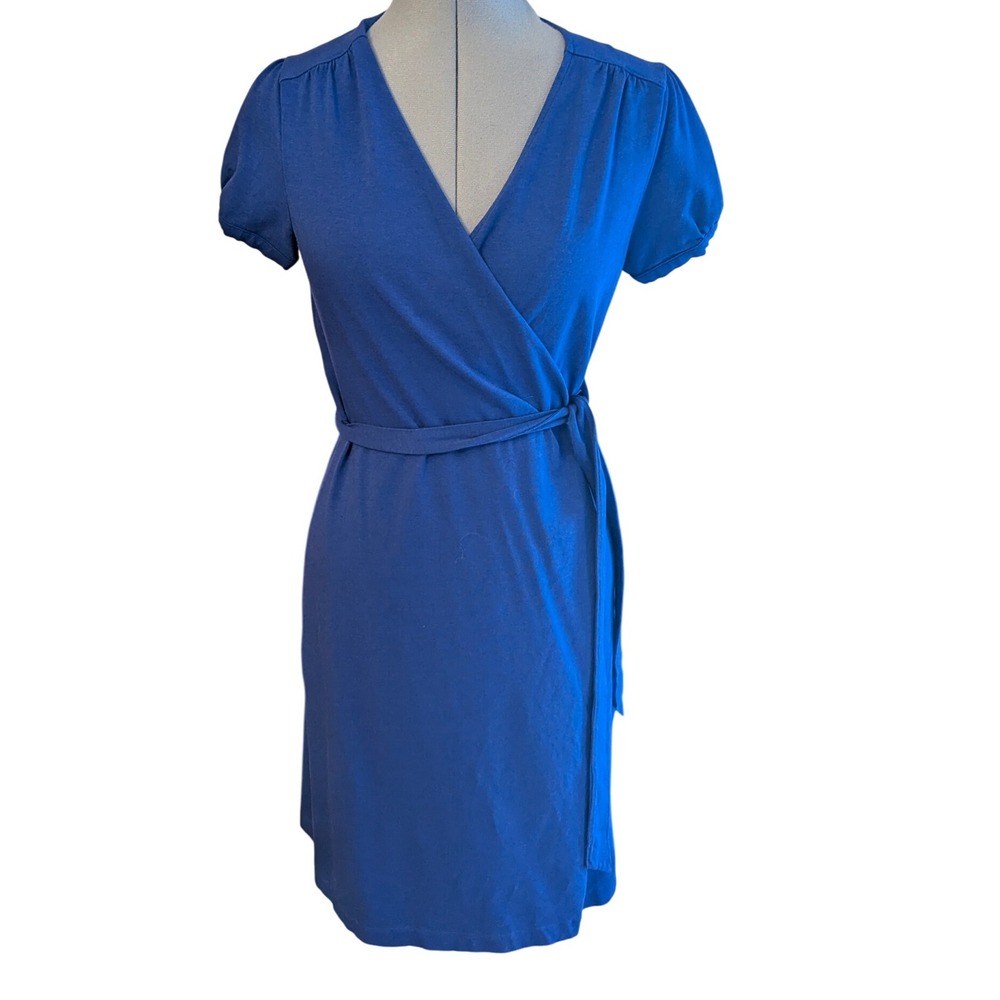 Lands End Blue Short Sleeve True Wrap Dress Size S Cotton Blend‎ Basic Office